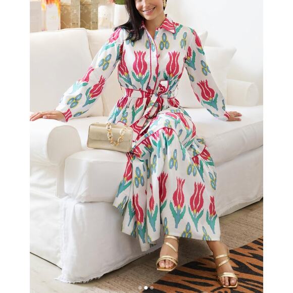 OLIPHANT Tuckernuck Tie Waist Belt Shirt Dress Maxi Midi Ikat Sumba Red Print XS - Picture 9 of 16